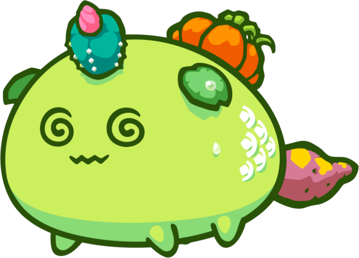 A green fuzzy creature with dizzy-looking eyes, a cactus on its forehead, and a pumpkin on its back