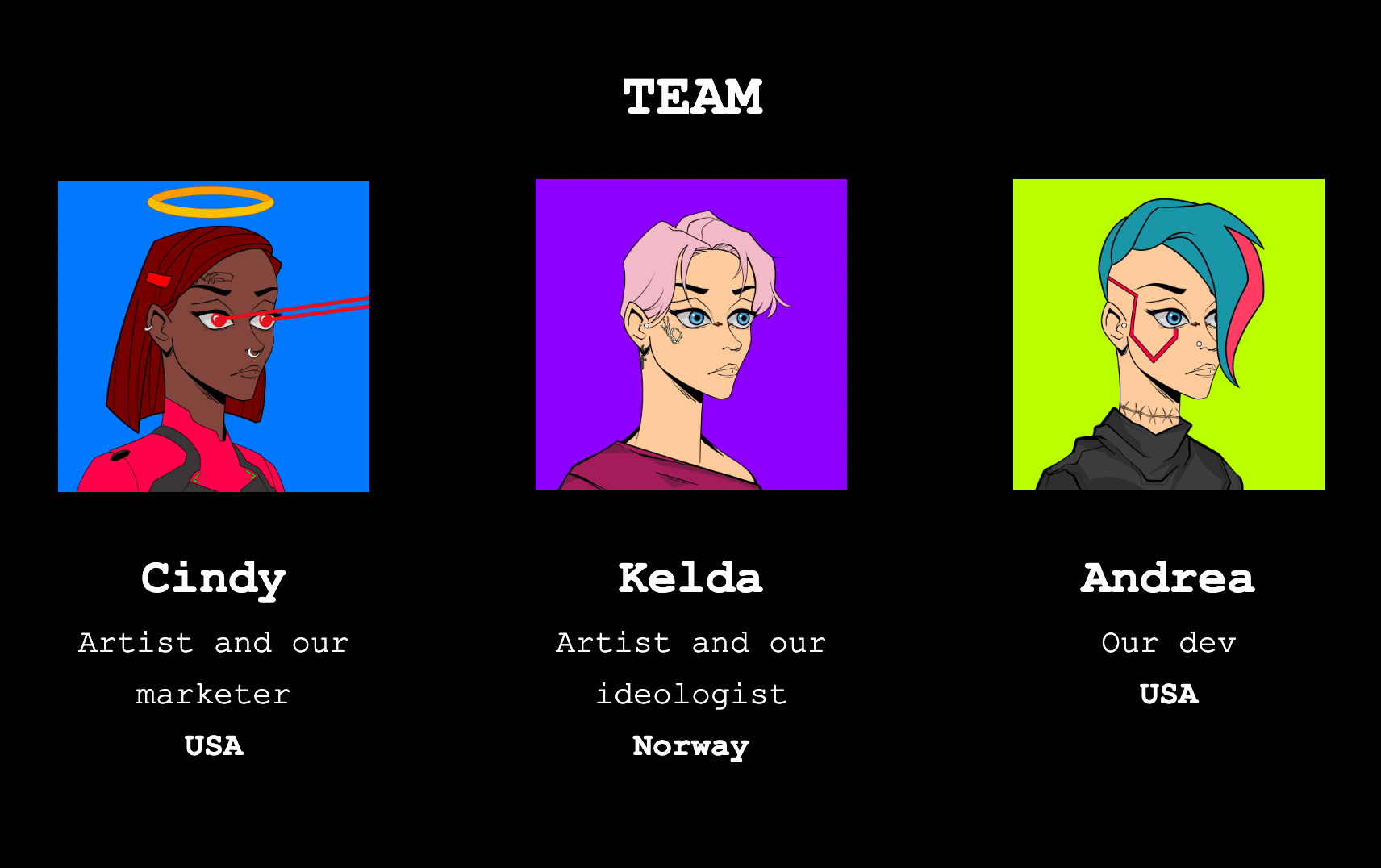 Three illustrations of women, under the heading "Team". The images are labeled with the names Cindy, Kelda, and Andrea.