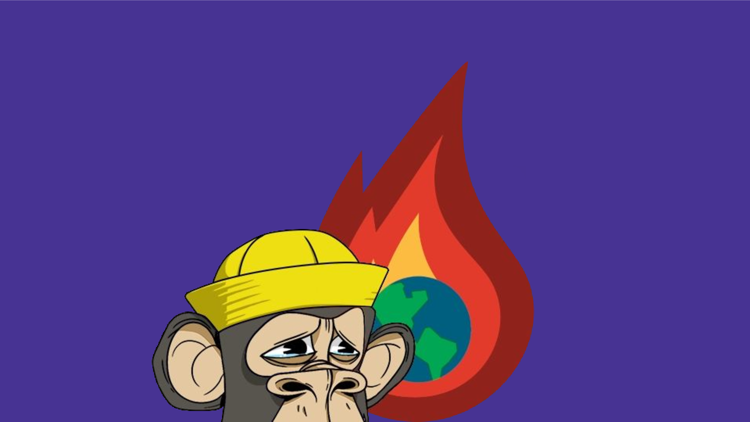 Purple slide with the Web3 is Going Great logo: a sad-looking Bored Ape with a yellow hat, in front of an illustration of the Earth encompassed in flames